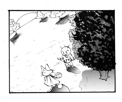 四コマ漫画のフカンからの構図