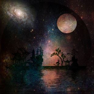 月と夜の世界が広がる画像