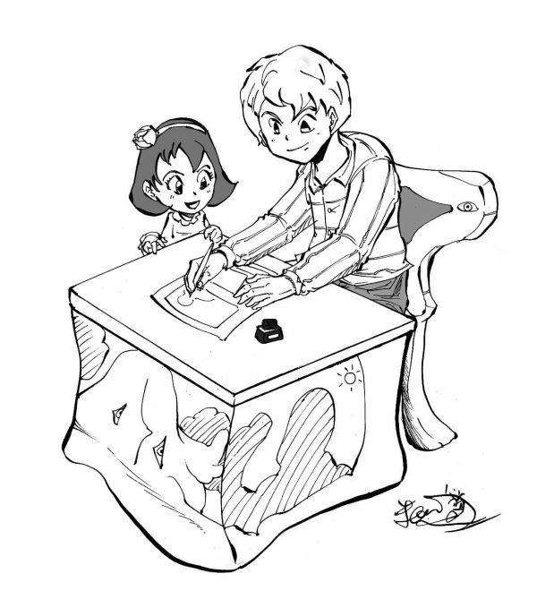 粕川が漫画を描いている所と少女
